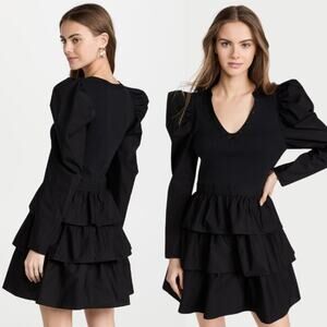 Ulla Johnson Black Tiered Cotton Mini Dress S | Puff Sleeve, Boho Gothic $690